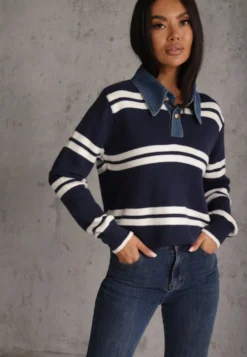 Granatowy Sweter z Denimowym Kołnierzykiem w Poziome Paski z Wełną Xandii