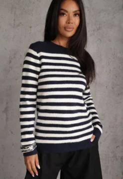Granatowy Sweter z Wełną i Bawełną z Motywem Pasków Fiorale