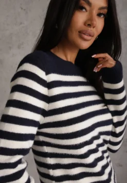 Granatowy Sweter z Wełną i Bawełną z Motywem Pasków Fiorale