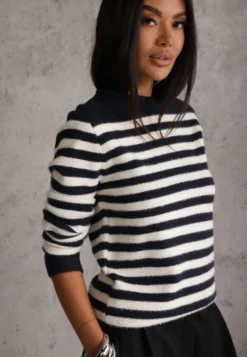 Granatowy Sweter z Wełną i Bawełną z Motywem Pasków Fiorale