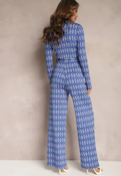 Granatowy Taliowany Kombinezon z Szerokimi Nogawkami i Wiązanym Paskiem Acaelia