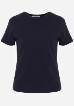 Granatowy T-shirt z Bawełny z Okrągłym Dekoltem Nedima