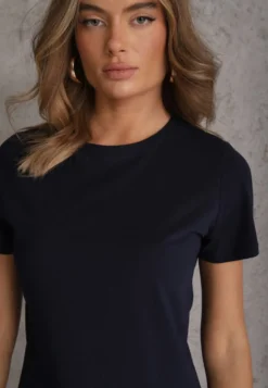 Granatowy T-shirt z Bawełny z Okrągłym Dekoltem Nedima