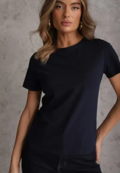 Granatowy T-shirt z Bawełny z Okrągłym Dekoltem Nedima