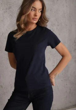 Granatowy T-shirt z Bawełny z Okrągłym Dekoltem Nedima