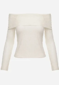 Jasnobeżowa Bluzka Longsleeve z Koronki z Odkrytymi Ramionami Unarda