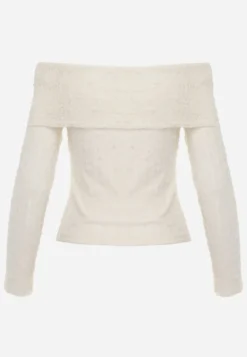 Jasnobeżowa Bluzka Longsleeve z Koronki z Odkrytymi Ramionami Unarda
