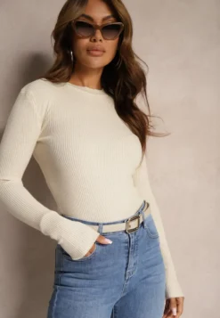 Jasnobeżowa Bluzka Longsleeve w Cienkie Prążki Terilissa