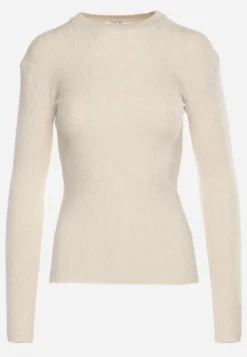 Jasnobeżowa Bluzka Longsleeve w Cienkie Prążki Terilissa