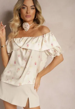 Jasnobeżowa Bluzka Typu Hiszpanka w Drobne Kwiaty z Chokerem z Różą Bedidia