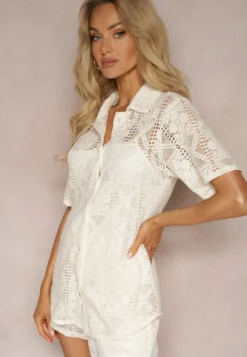 Jasnobeżowa Boho Koszula z Ażurowymi Zdobieniami i Krótkimi Rękawami Danicra