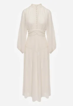 Jasnobeżowa Elegancka Sukienka w Stylu Vintage z Powlekanymi Guzikami i Marszczeniami Lefandia