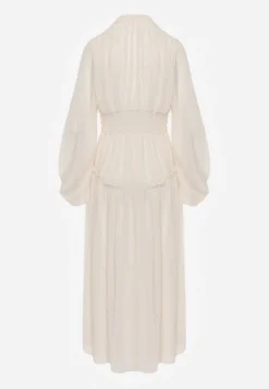 Jasnobeżowa Elegancka Sukienka w Stylu Vintage z Powlekanymi Guzikami i Marszczeniami Lefandia