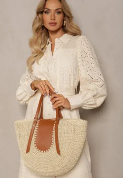 Jasnobeżowa Jednokomorowa Torebka z Plecionej Rafii w Stylu Boho Idarkia