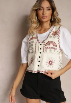 Jasnobeżowa Kamizelka z Bawełny Ozdobiona Haftem Zapinana na Guziki Eleasea