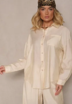 Jasnobeżowa Koszula Oversize w Klasycznym Stylu z Kieszonką Liozira