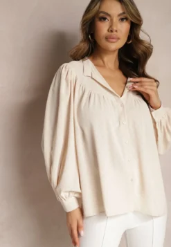 Jasnobeżowa Koszula ze Stójką Inspirowana Stylem Retro Bubiana