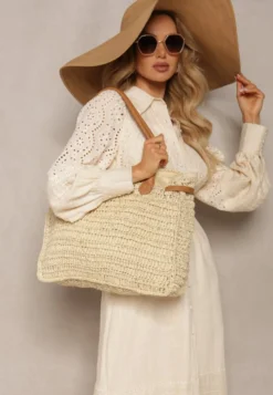 Jasnobeżowa Pleciona Torebka o Dużym Fasonie Tote w Stylu Boho Emerria
