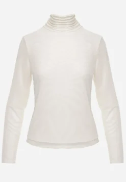 Jasnobeżowa Siateczkowa Bluzka Longsleeve z Golfem o Dopasowanym Kroju Yenlea