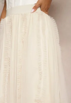 Jasnobeżowa Spódnica High Waist z Gumką w Talii o Siateczkowym Wykończeniu Vikkissa