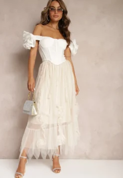 Jasnobeżowa Spódnica High Waist z Gumką w Talii o Siateczkowym Wykończeniu Vikkissa