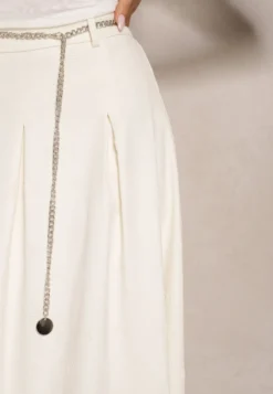 Jasnobeżowa Spódnica Rozkloszowana z Wiskozą High Waist Ozdobiona Łańcuszkiem Olirive