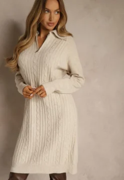 Jasnobeżowa Sweterkowa Sukienka z Bawełną i Wełną Ozdobiona Suwakiem Reinda