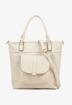 Jasnobeżowa Torebka Typu Shopper z Ozdobną Kieszenią i Paskiem Crossbody Frocelle