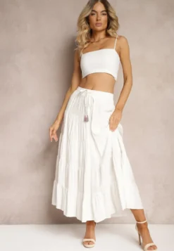 Jasnobeżowa Wiskozowa Spódnica High Waist o Rozkloszowanym Kroju z Wiązaniem i Gumką w Talii Leceviana