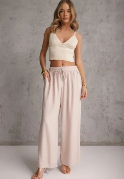 Jasnobeżowe Bawełniane Spodnie Palazzo High Waist z Gumką w Pasie Gitanea