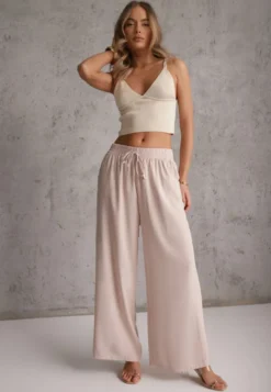 Jasnobeżowe Bawełniane Spodnie Palazzo High Waist z Gumką w Pasie Gitanea