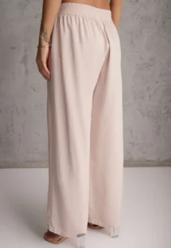 Jasnobeżowe Bawełniane Spodnie Palazzo High Waist z Gumką w Pasie Gitanea