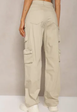 Jasnobeżowe Bawełniane Spodnie Bojówki High Waist Arcara