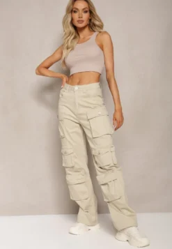 Jasnobeżowe Bawełniane Spodnie Bojówki High Waist Arcara