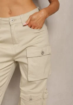 Jasnobeżowe Bawełniane Spodnie Bojówki High Waist Arcara