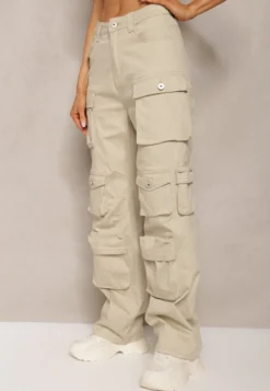 Jasnobeżowe Bawełniane Spodnie Bojówki High Waist Arcara