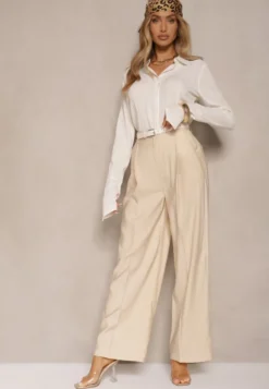 Jasnobeżowe Garniturowe Spodnie High Waist o Szerokim Kroju Efrase