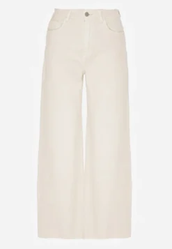 Jasnobeżowe Jeansy Wide Leg High Waist z Postrzępionymi Krawędziami Brizess