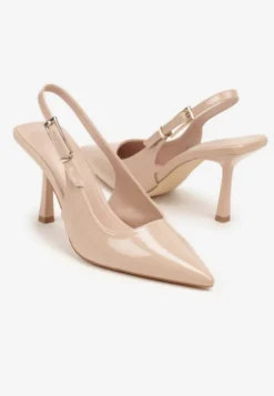 Jasnobeżowe Lakierowane Sandały Czółenka Slingback Silvesa
