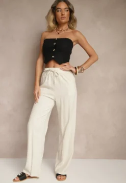 Jasnobeżowe Lniane Spodnie High Waist z Wiskozą o Szerokim Fasonie Zellimia