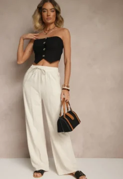 Jasnobeżowe Lniane Spodnie High Waist z Wiskozą o Szerokim Fasonie Zellimia