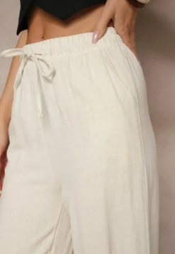 Jasnobeżowe Lniane Spodnie High Waist z Wiskozą o Szerokim Fasonie Zellimia