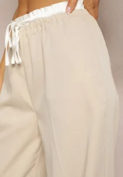 Jasnobeżowe Materiałowe Spodnie z Szerokimi Nogawkami High Waist z Gumką w Talii Comina