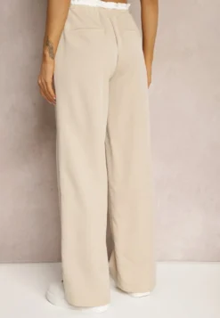 Jasnobeżowe Materiałowe Spodnie z Szerokimi Nogawkami High Waist z Gumką w Talii Comina
