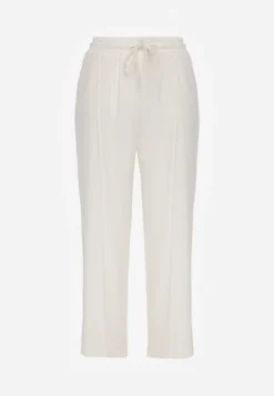 Jasnobeżowe Prążkowane Spodnie High Waist z Szerokimi Nogawkami Ginorria