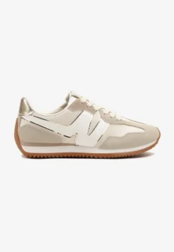 Jasnobeżowe Sneakersy z Geometrycznym Wzorem i Metaliczną Wstawką Zolio