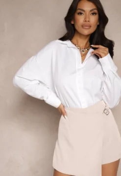 Jasnobeżowe Spódnico-Szorty High Waist z Paskiem i Klamrą Nonithra