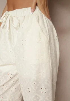 Jasnobeżowe Spodnie High Waist z Bawełnianej Tkaniny Zdobionej Haftem Mevirona