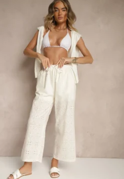 Jasnobeżowe Spodnie High Waist z Bawełnianej Tkaniny Zdobionej Haftem Mevirona