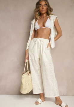 Jasnobeżowe Spodnie High Waist z Bawełnianej Tkaniny Zdobionej Haftem Mevirona